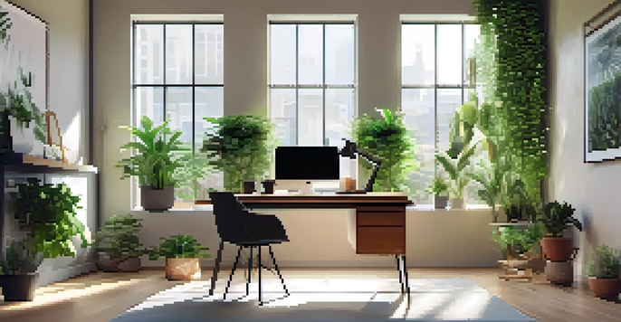 A modern office space with a laptop on a desk, surrounded by plants and bright natural light.