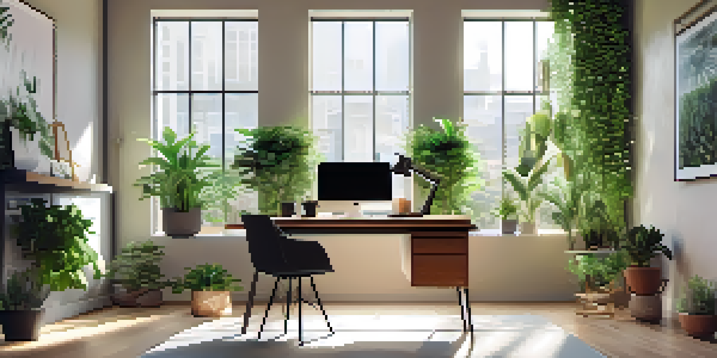 A modern office space with a laptop on a desk, surrounded by plants and bright natural light.