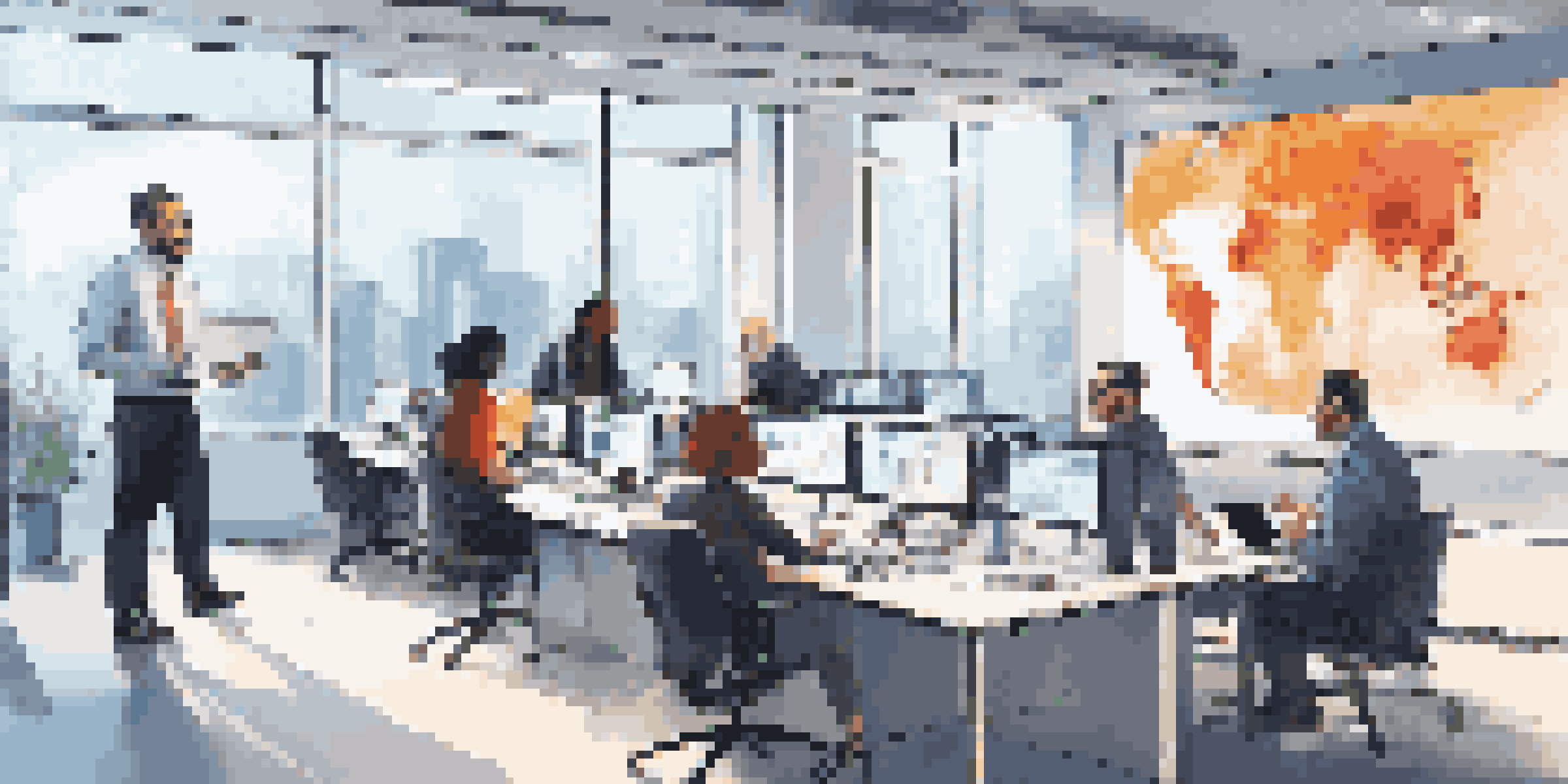 A diverse group of employees in a well-lit office participating in a cybersecurity training session, with a presentation on a screen and infographics on the walls.