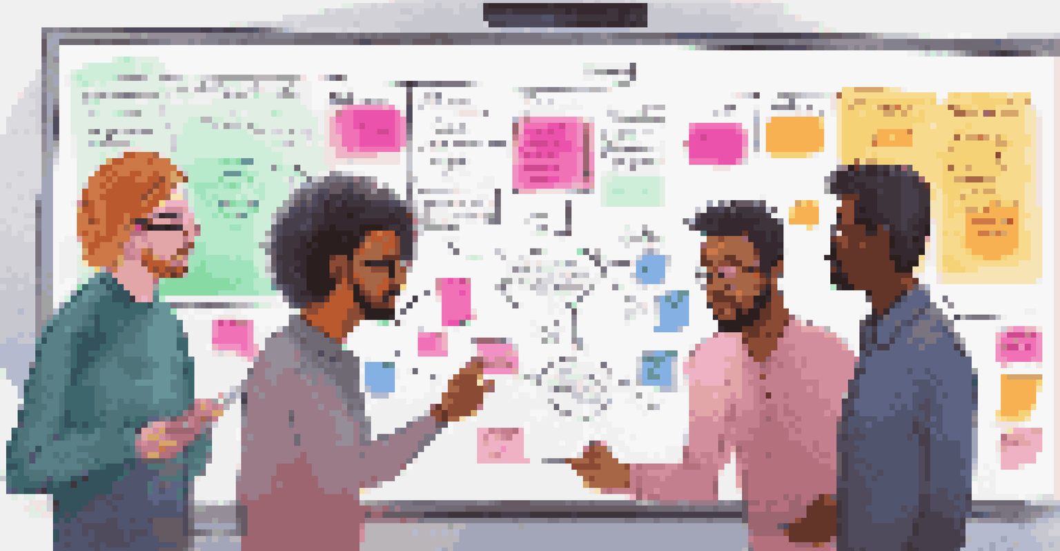 A team collaborating on a digital whiteboard filled with sticky notes about retries and timeouts in microservices.
