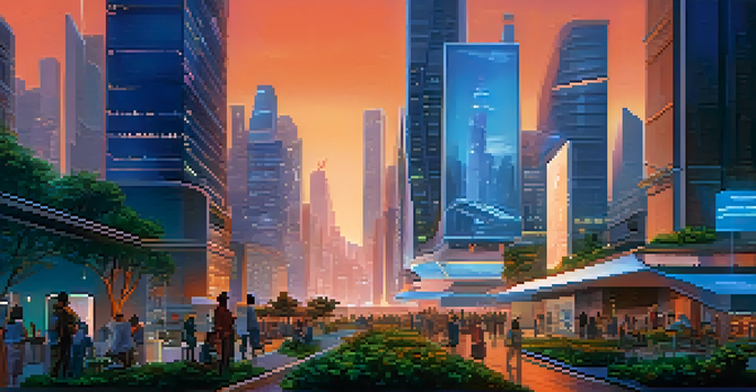 A futuristic city with tall buildings and bright lights, featuring people using digital devices.
