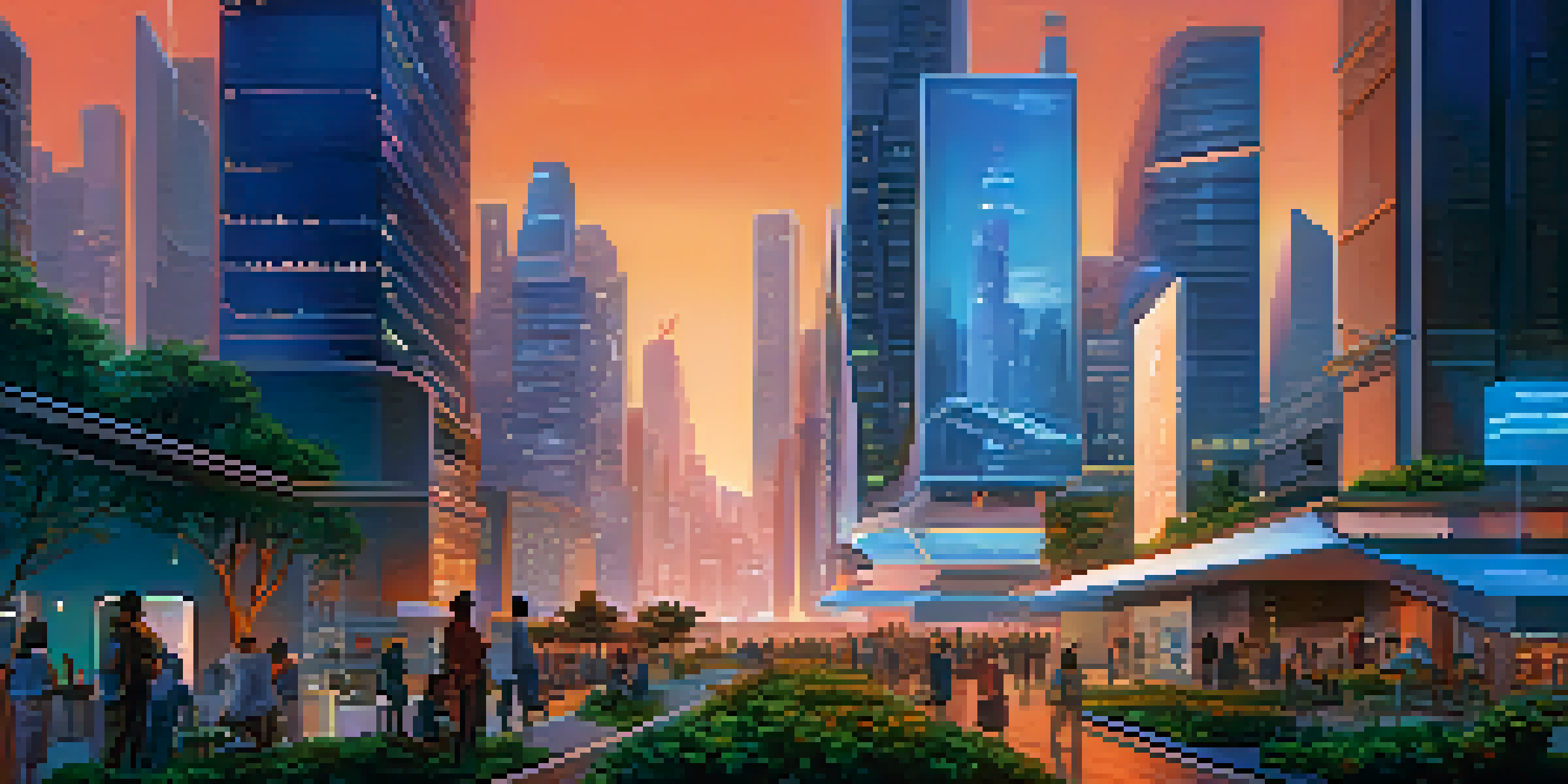 A futuristic city with tall buildings and bright lights, featuring people using digital devices.