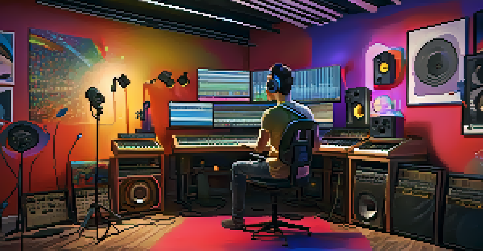 A musician in a vibrant studio working on music production with headphones on.