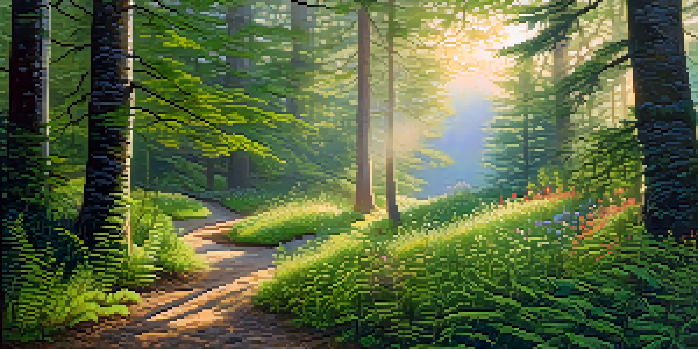 A tranquil forest scene with sunlight shining through trees and a winding path surrounded by ferns and wildflowers.