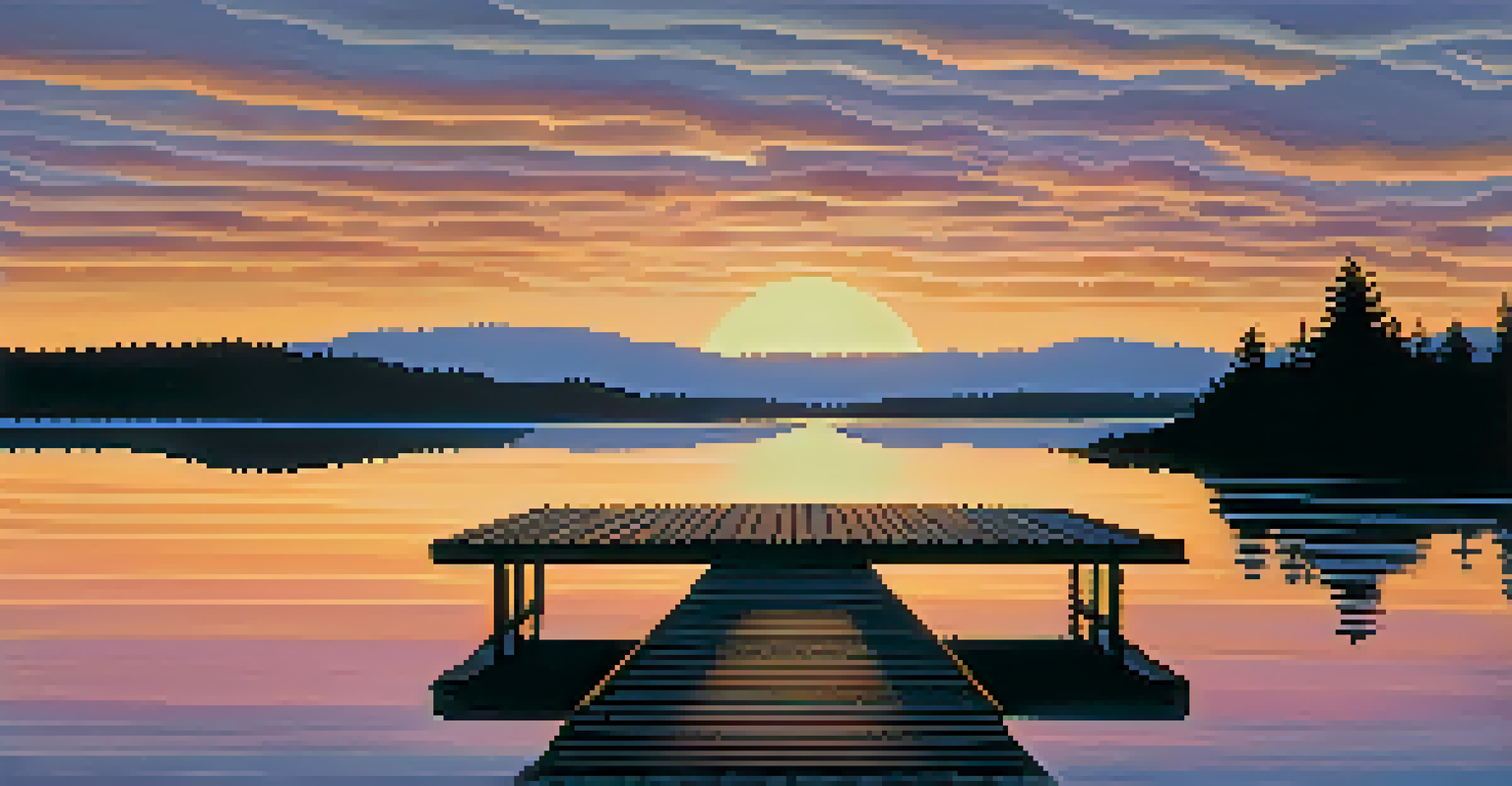 A peaceful sunset landscape over rolling hills and a calm lake, with silhouettes of trees and a wooden dock.