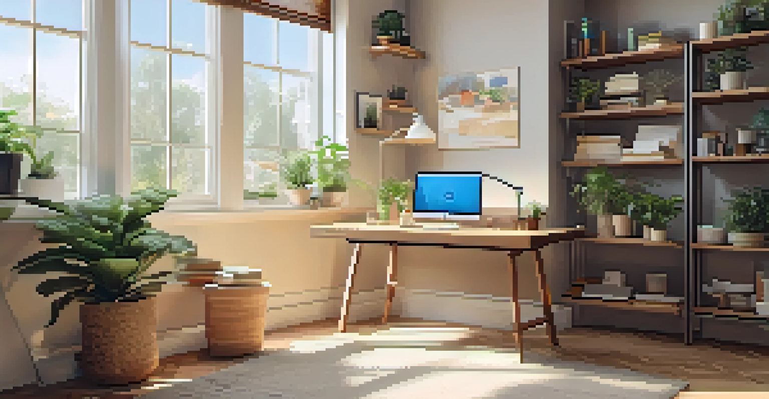 A cozy home office setup with a desk, laptop, coffee mug, and a view of a peaceful garden through a large window.