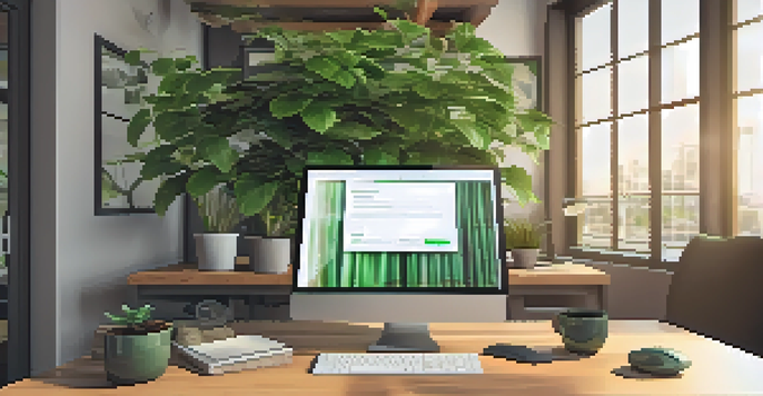 A modern office with a computer showing a digital lock icon, emphasizing data security, with natural light and calming colors.