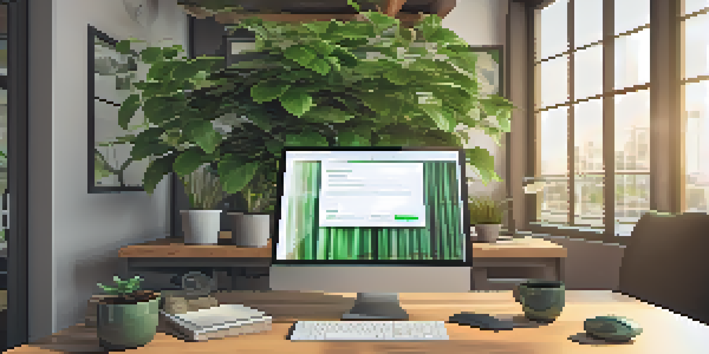 A modern office with a computer showing a digital lock icon, emphasizing data security, with natural light and calming colors.