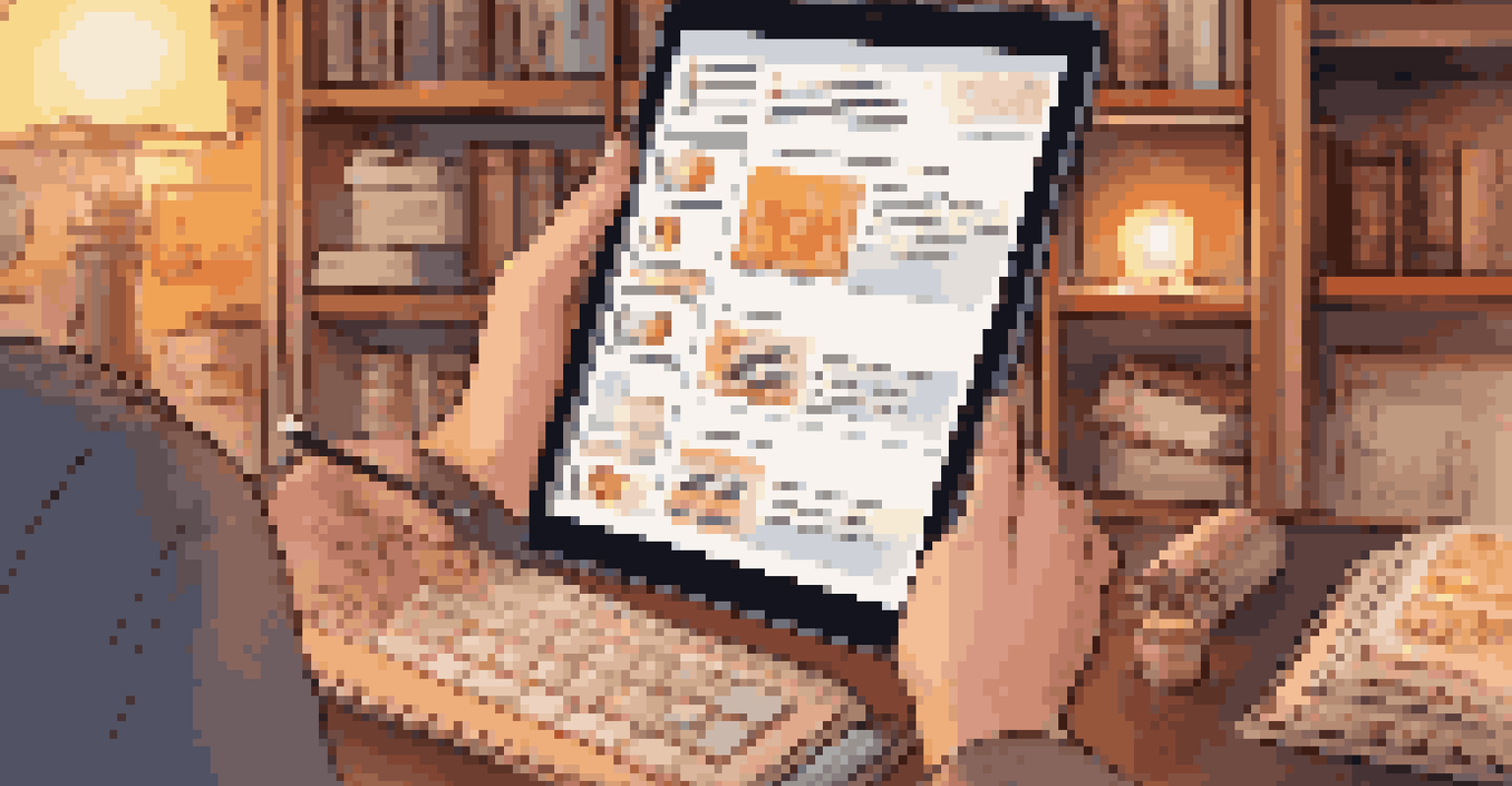 A person reviewing a digital asset checklist on a tablet, surrounded by a cozy workspace with books and warm lighting.