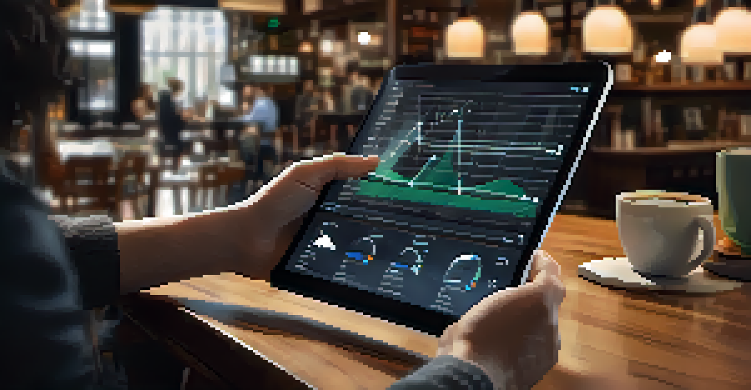 A person analyzing data on a tablet in a cozy coffee shop, with interactive charts visible on the screen.