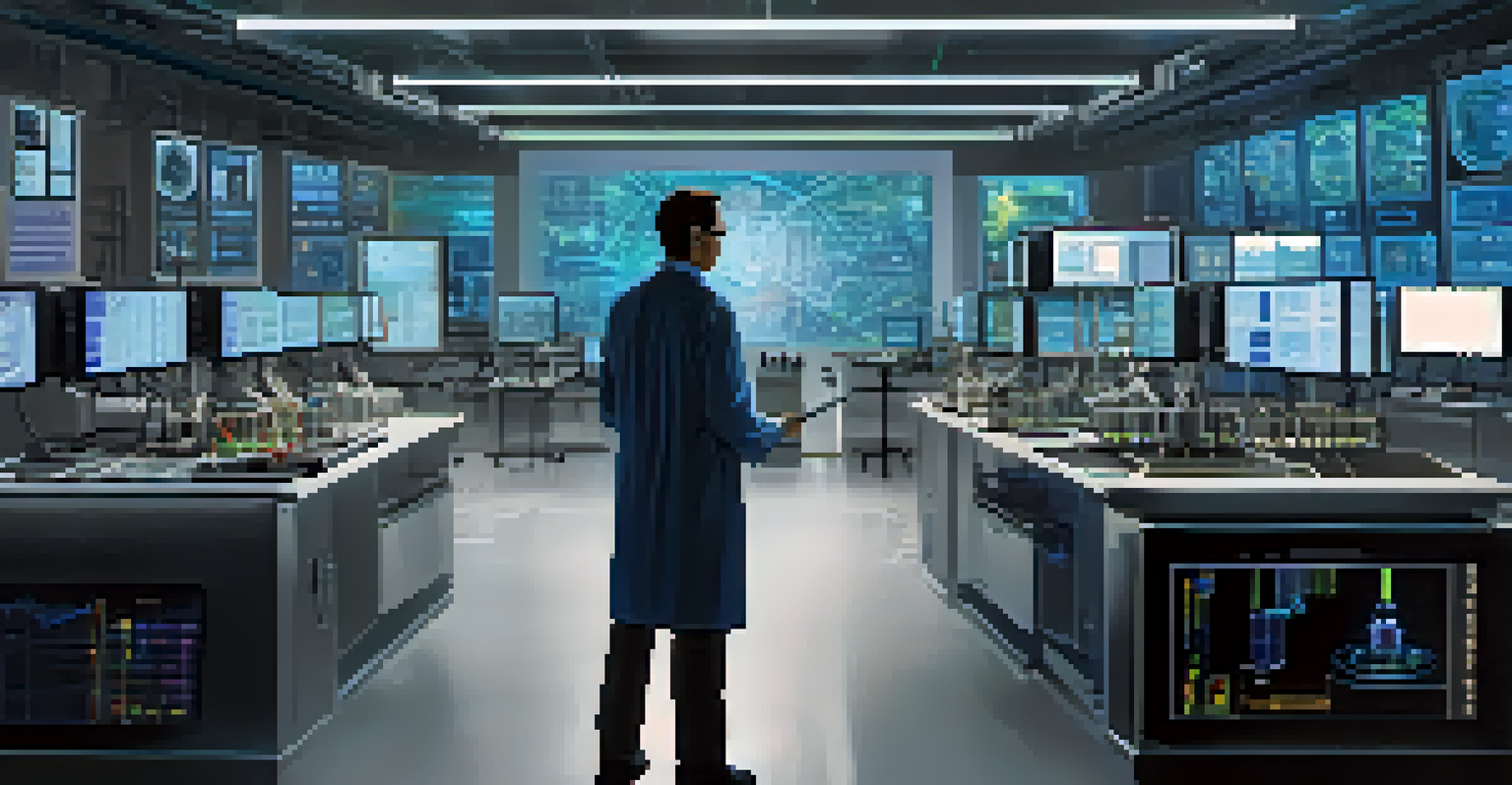 A scientist working in a high-tech laboratory with quantum computing equipment and glowing screens.