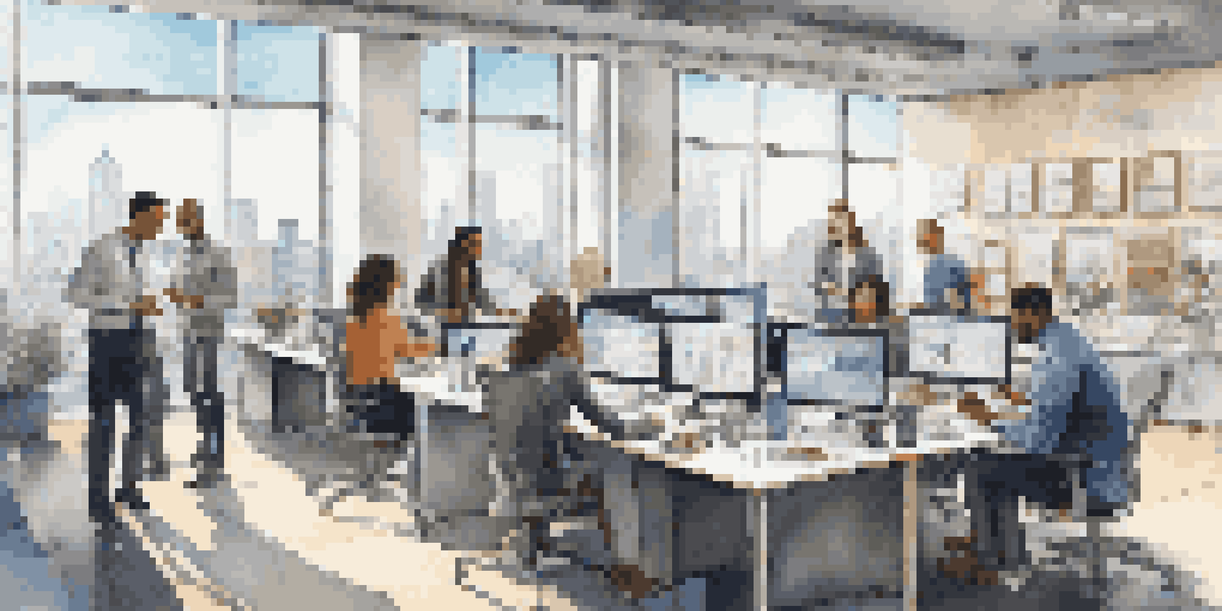A diverse group of employees in a modern office, collaborating at a large table with laptops and documents, under natural light with a city view.