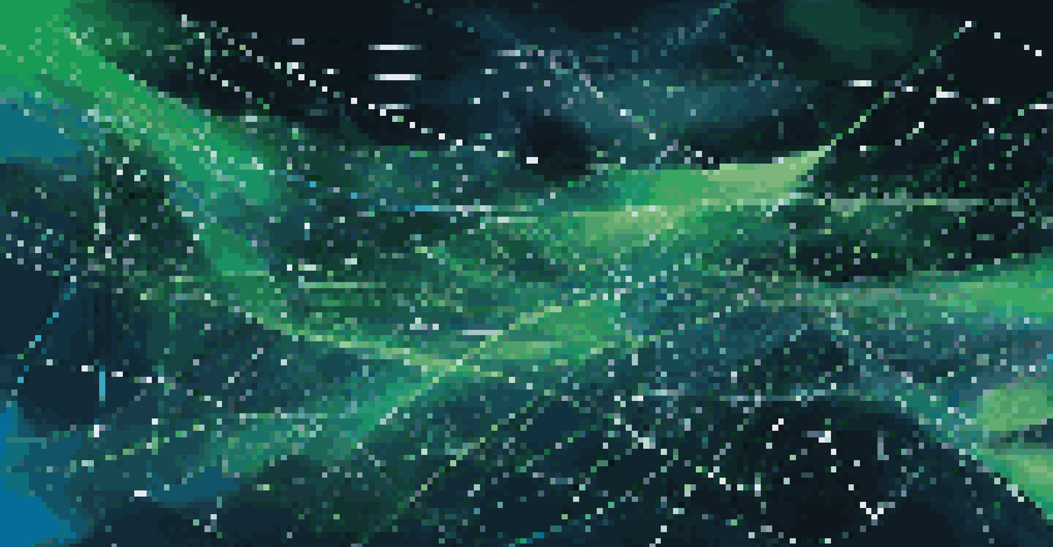 An abstract graphic illustrating scalability in technology with interconnected nodes and flowing lines in blue and green.