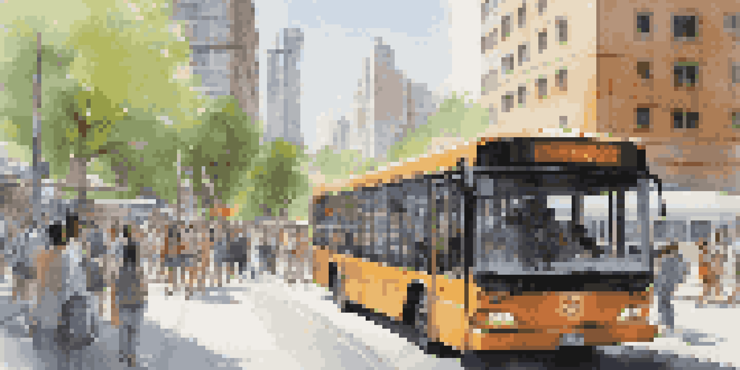 A modern bus on a busy city street with passengers waiting at a bus stop, showcasing digital displays.