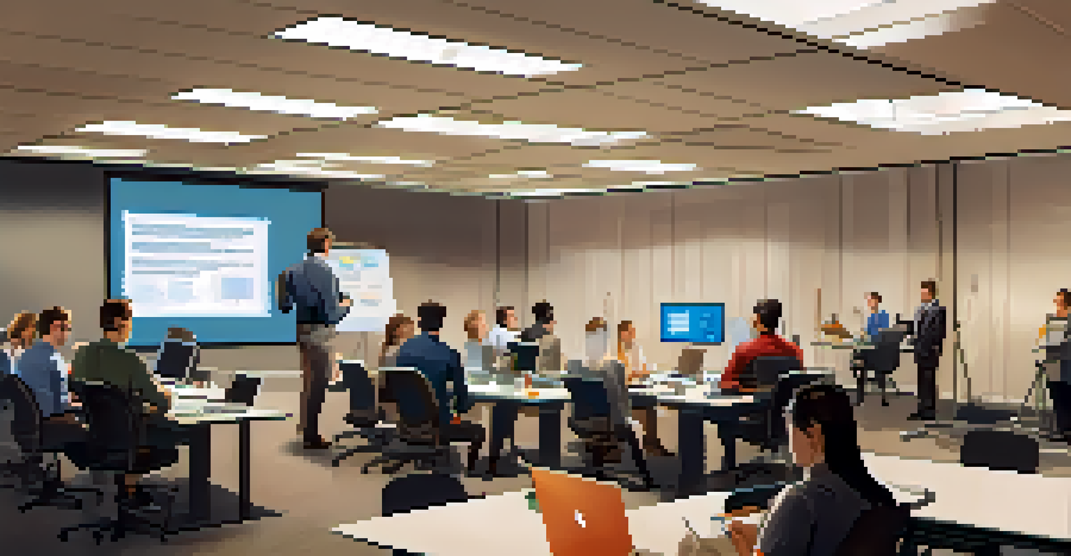 Employees in a modern office attending a cybersecurity training session with a projector displaying information.