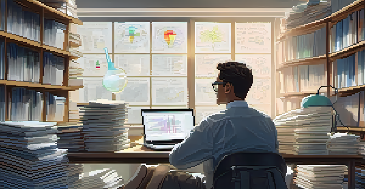 A researcher analyzing data at a desk surrounded by medical journals, with bright natural light coming through a window.