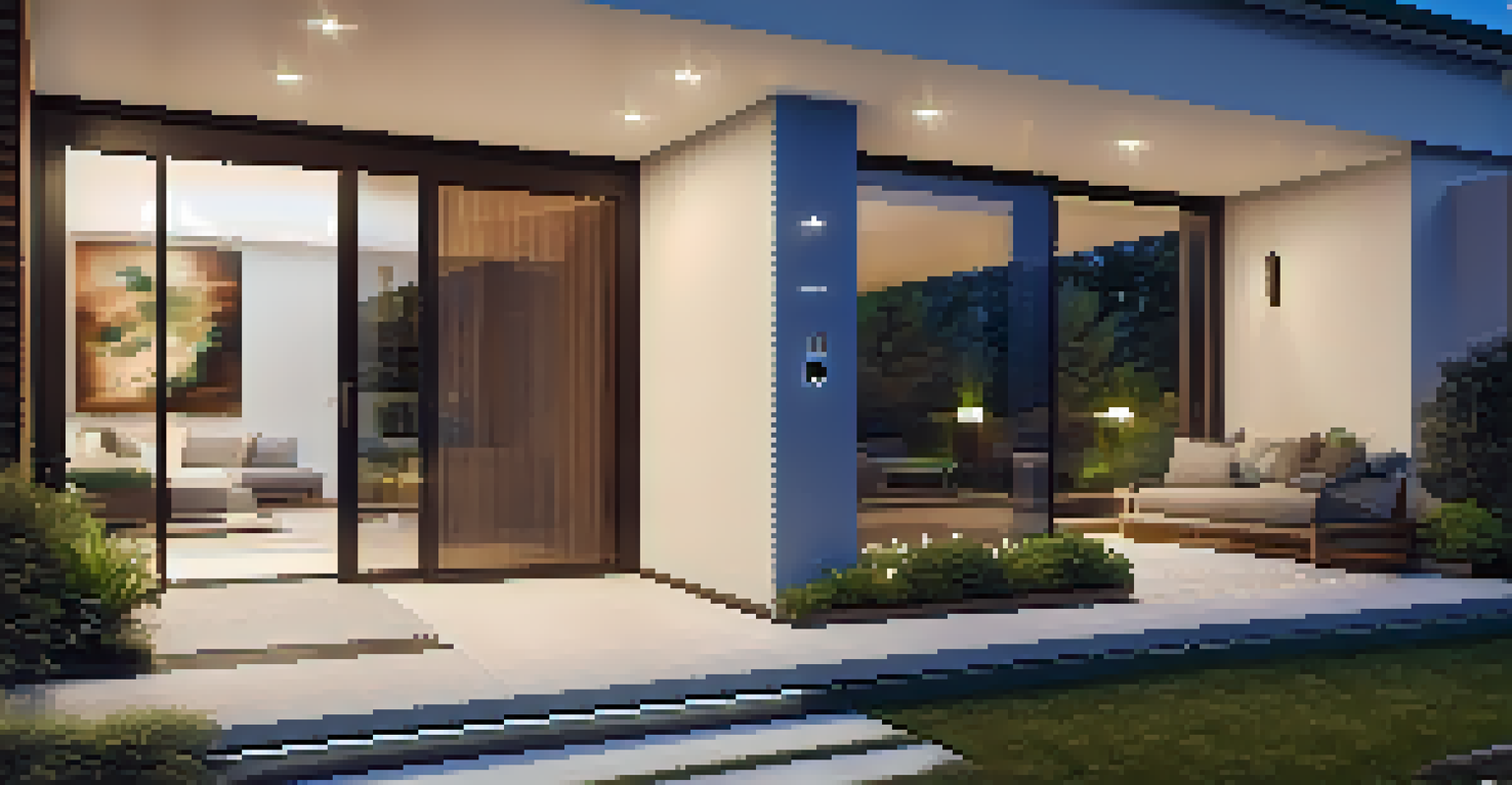 An outdoor view of a modern home with smart security features, including a smart doorbell camera and illuminated garden, set against an evening sky.