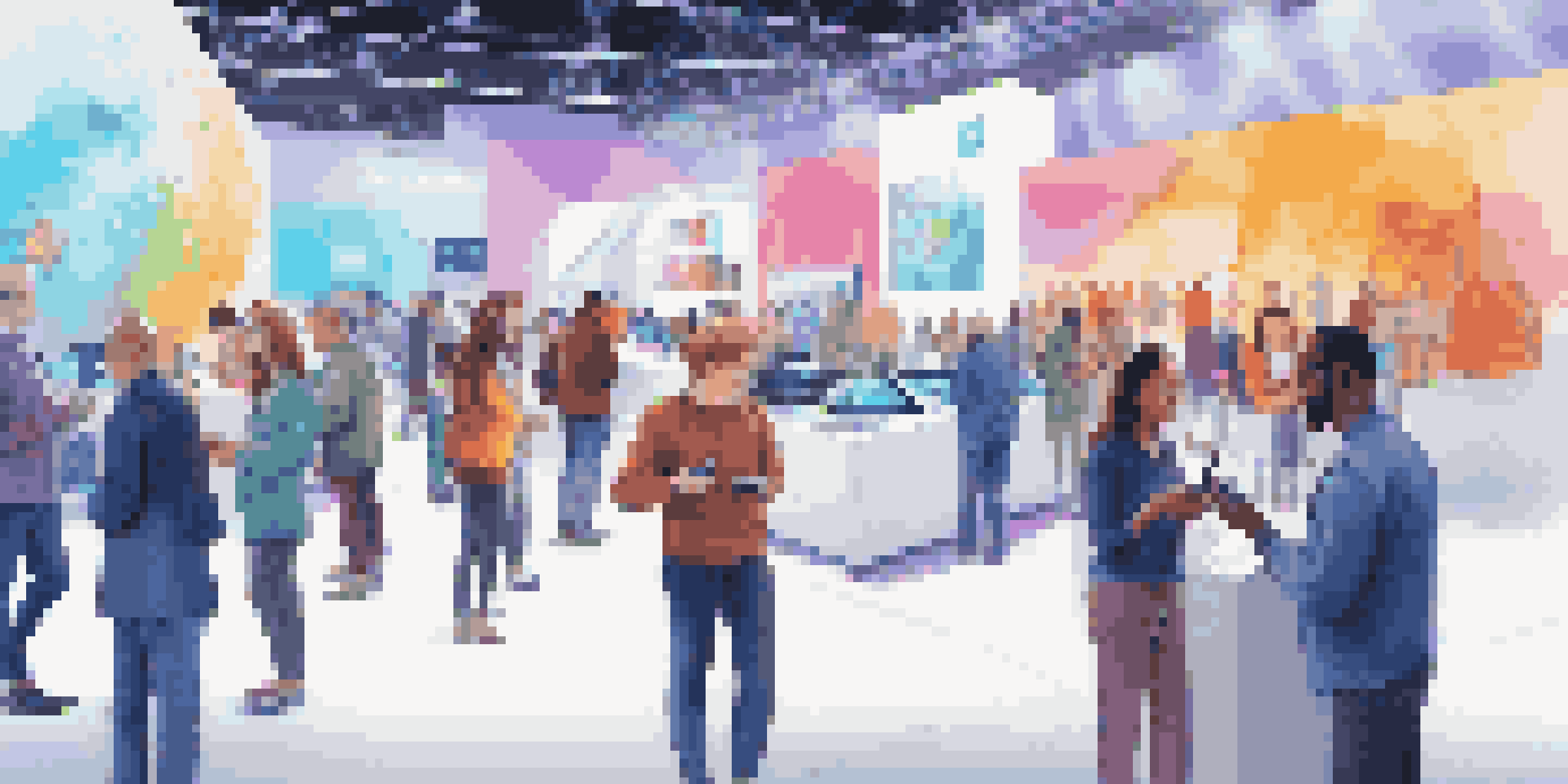 A conference hall filled with attendees using smartphones to interact with augmented reality displays and holograms.