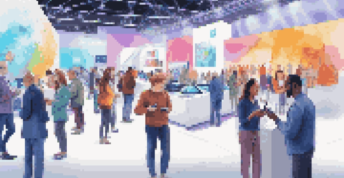 A conference hall filled with attendees using smartphones to interact with augmented reality displays and holograms.