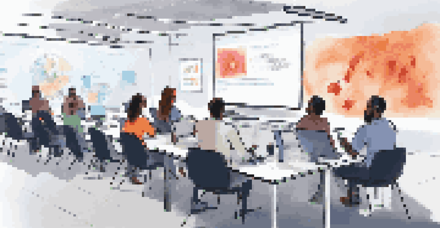 A group of diverse employees engaged in a cybersecurity awareness training session with laptops and a projector.