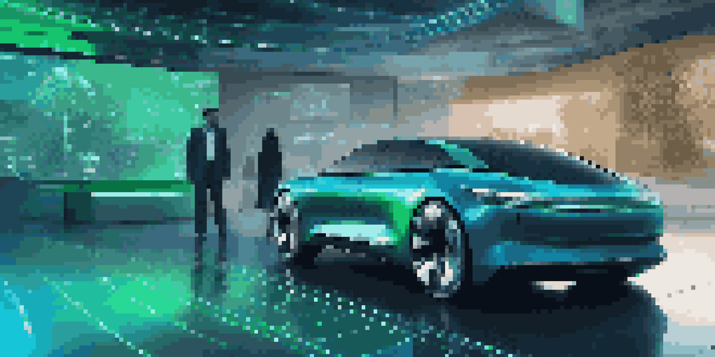 A modern car with digital metrics displayed around it in a futuristic setting.