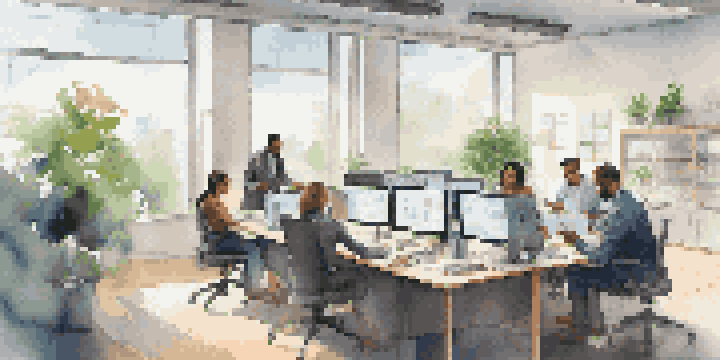 A diverse group of professionals in a bright office, discussing cloud security evaluation with documents on a large table.