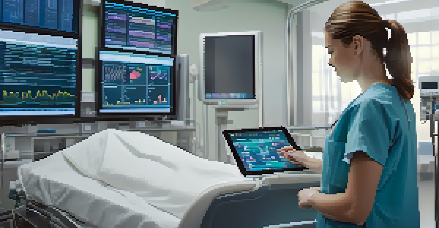 A healthcare professional analyzing patient data on a tablet in a hospital room, surrounded by medical equipment.