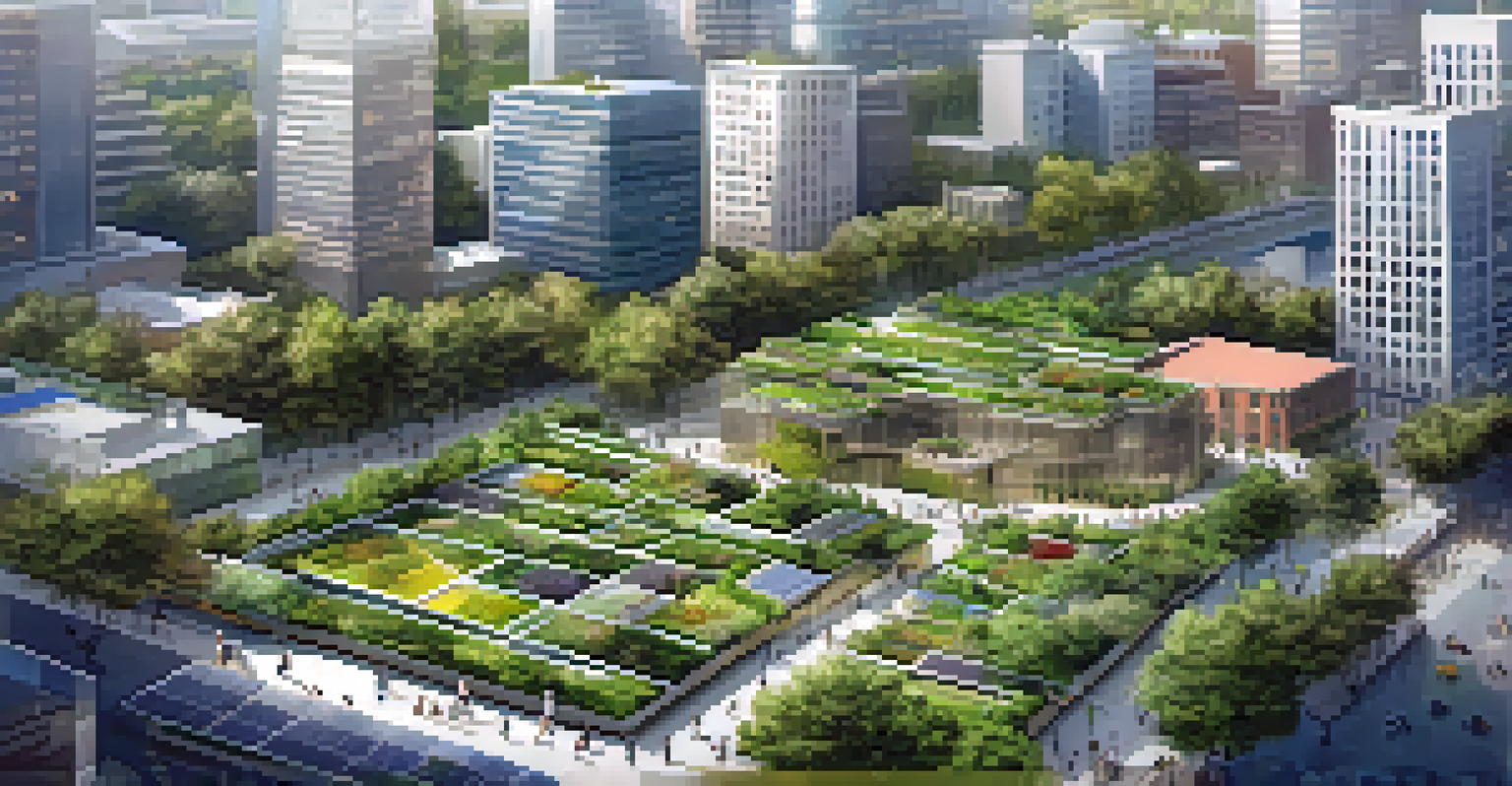 An aerial view of a city with green roofs, urban gardens, and tree-lined streets filled with people walking and biking, showcasing sustainable urban design.
