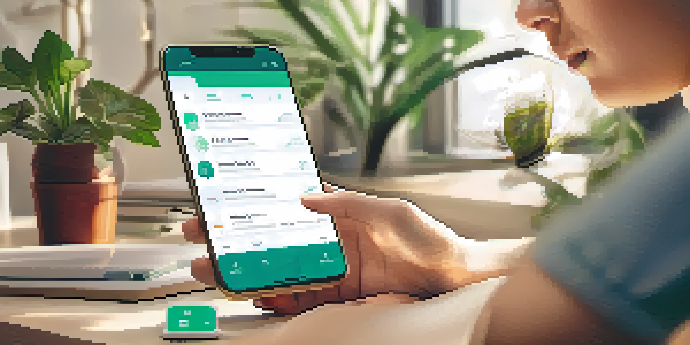 A person using a mobile health app on their smartphone at a cozy desk, surrounded by plants and warm light.