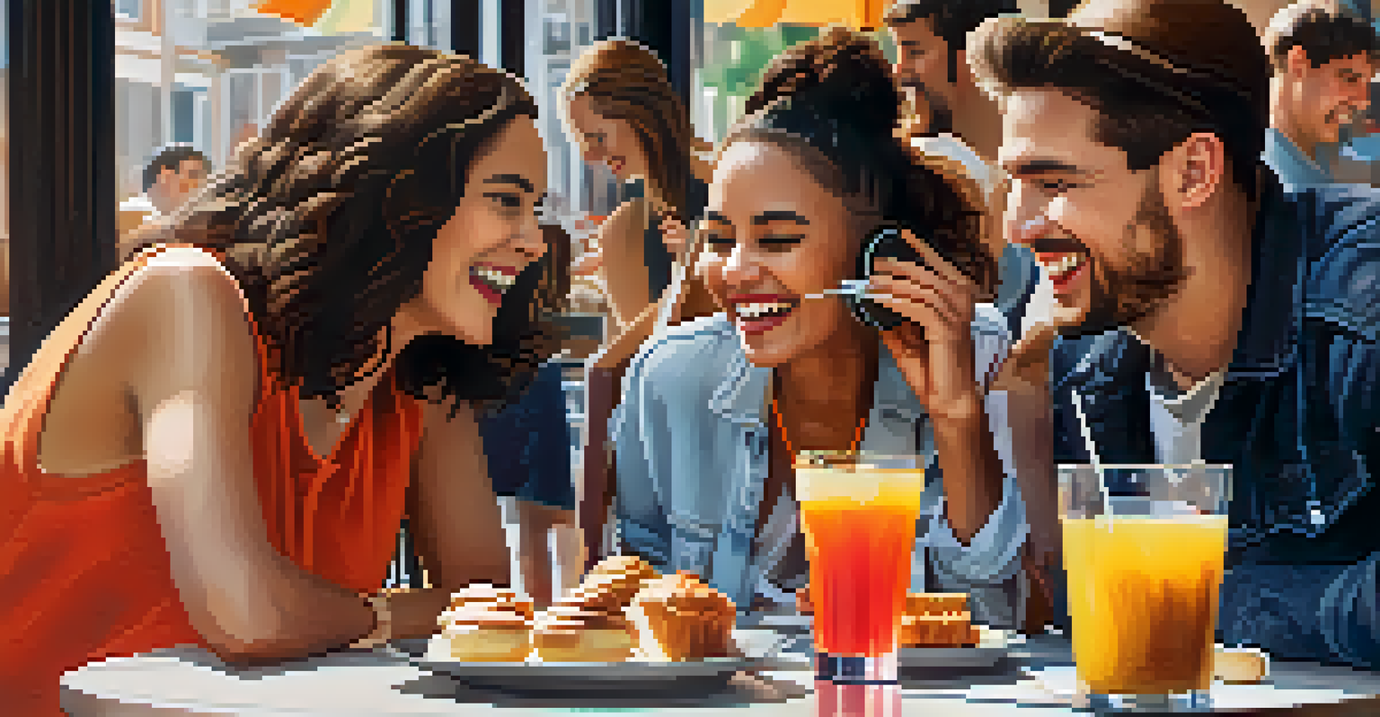 A lively café scene with friends enjoying each other's company, one of whom is wearing Bluetooth hearing aids.