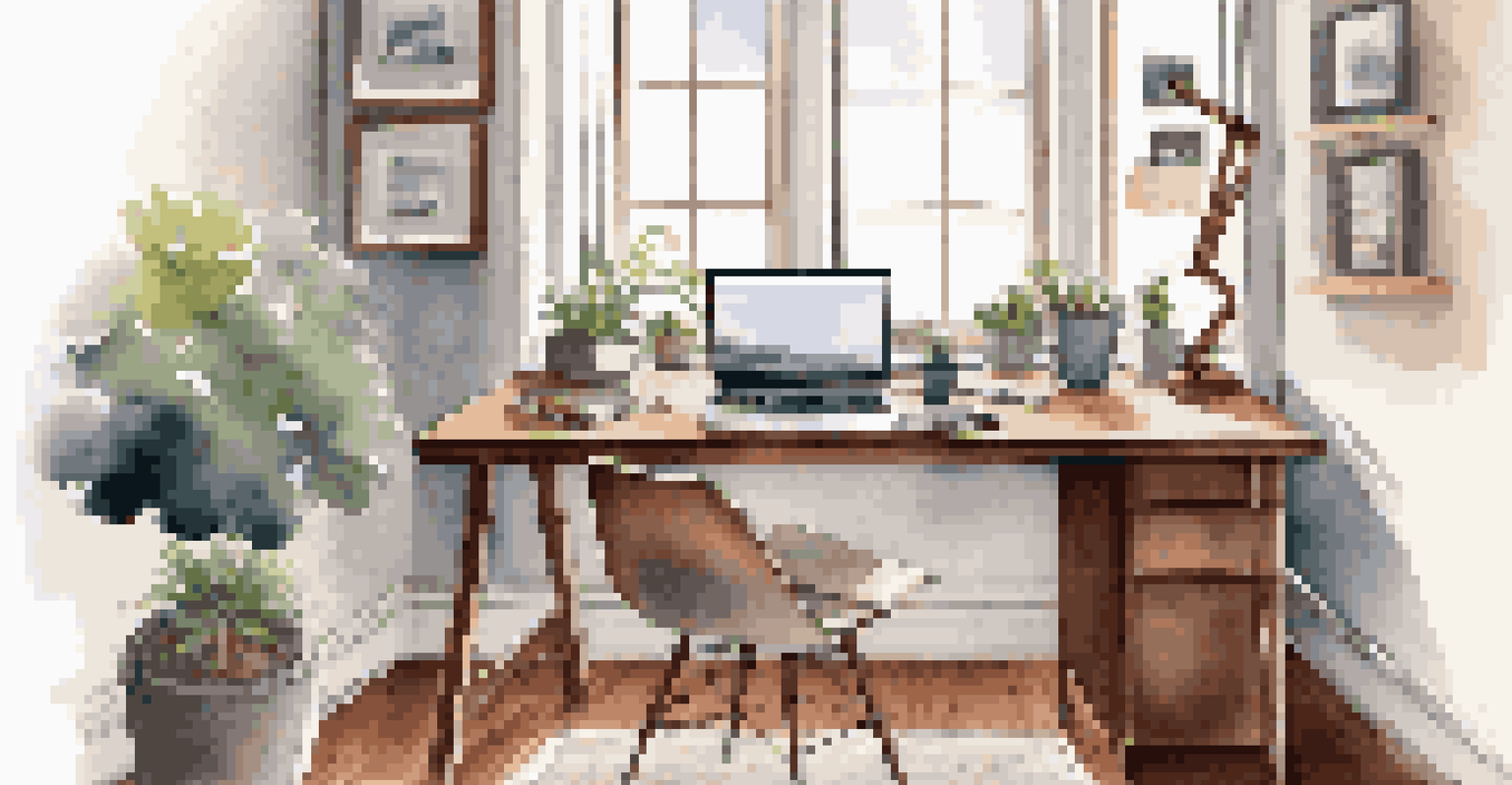 A stylish home office with a wooden desk, laptop, and a plant in natural light.