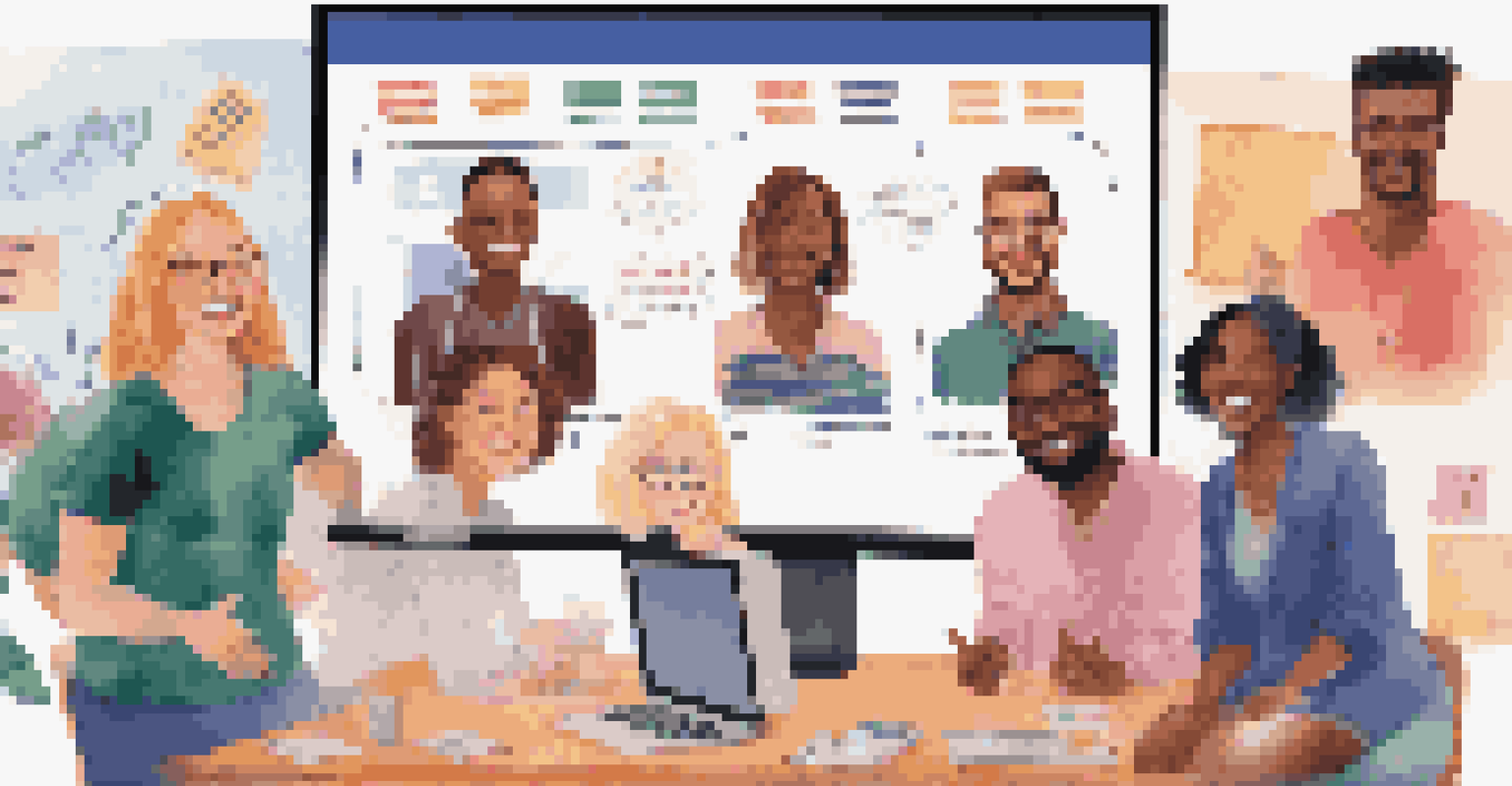 A lively virtual team meeting with smiling members on a computer screen in an inviting workspace.