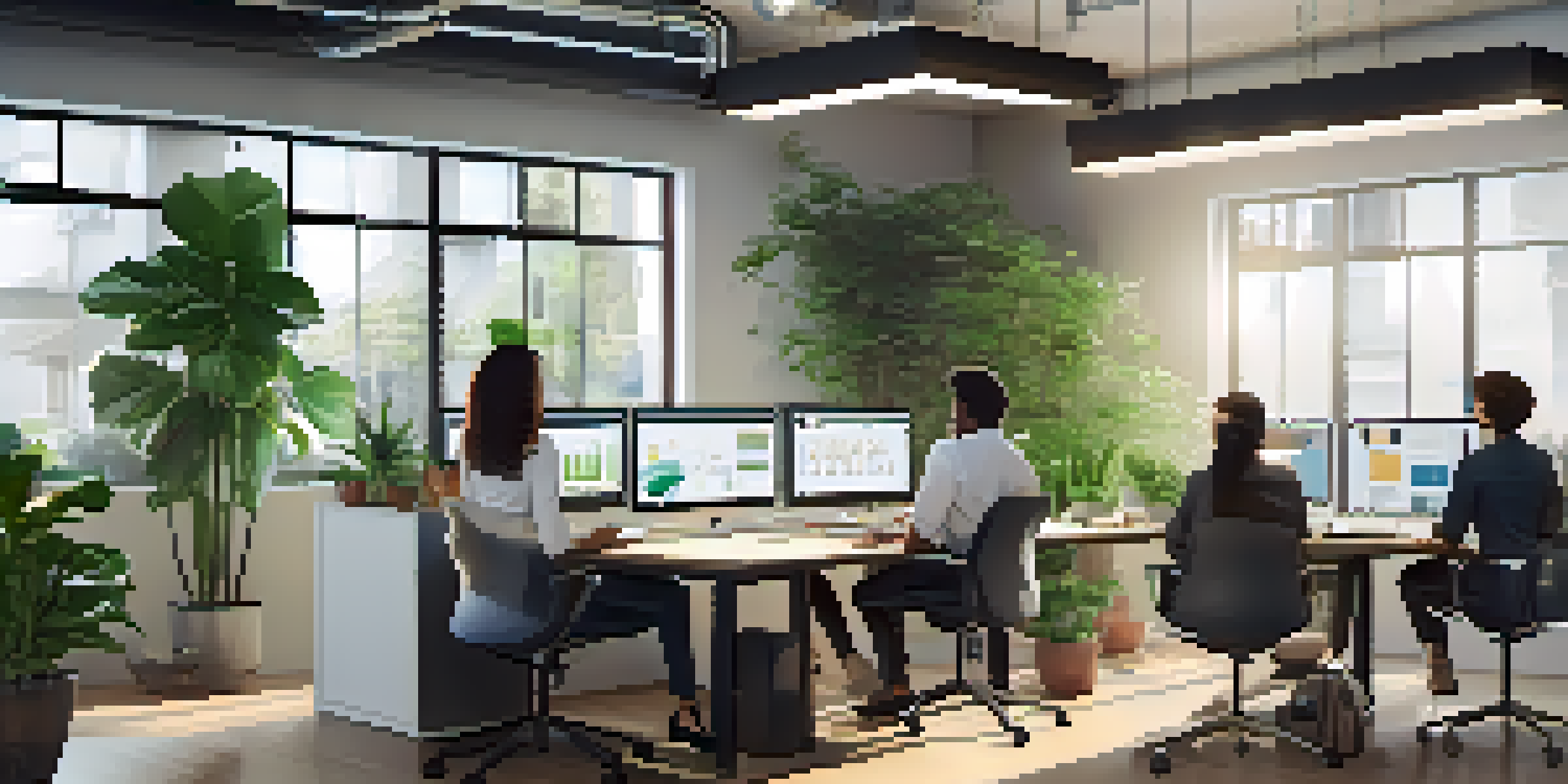 A diverse team collaborating in a bright office, discussing SaaS applications on their laptops.