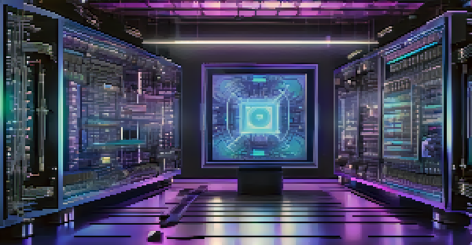 An illustration of a quantum computer with glowing circuits and qubits in a futuristic laboratory setting.