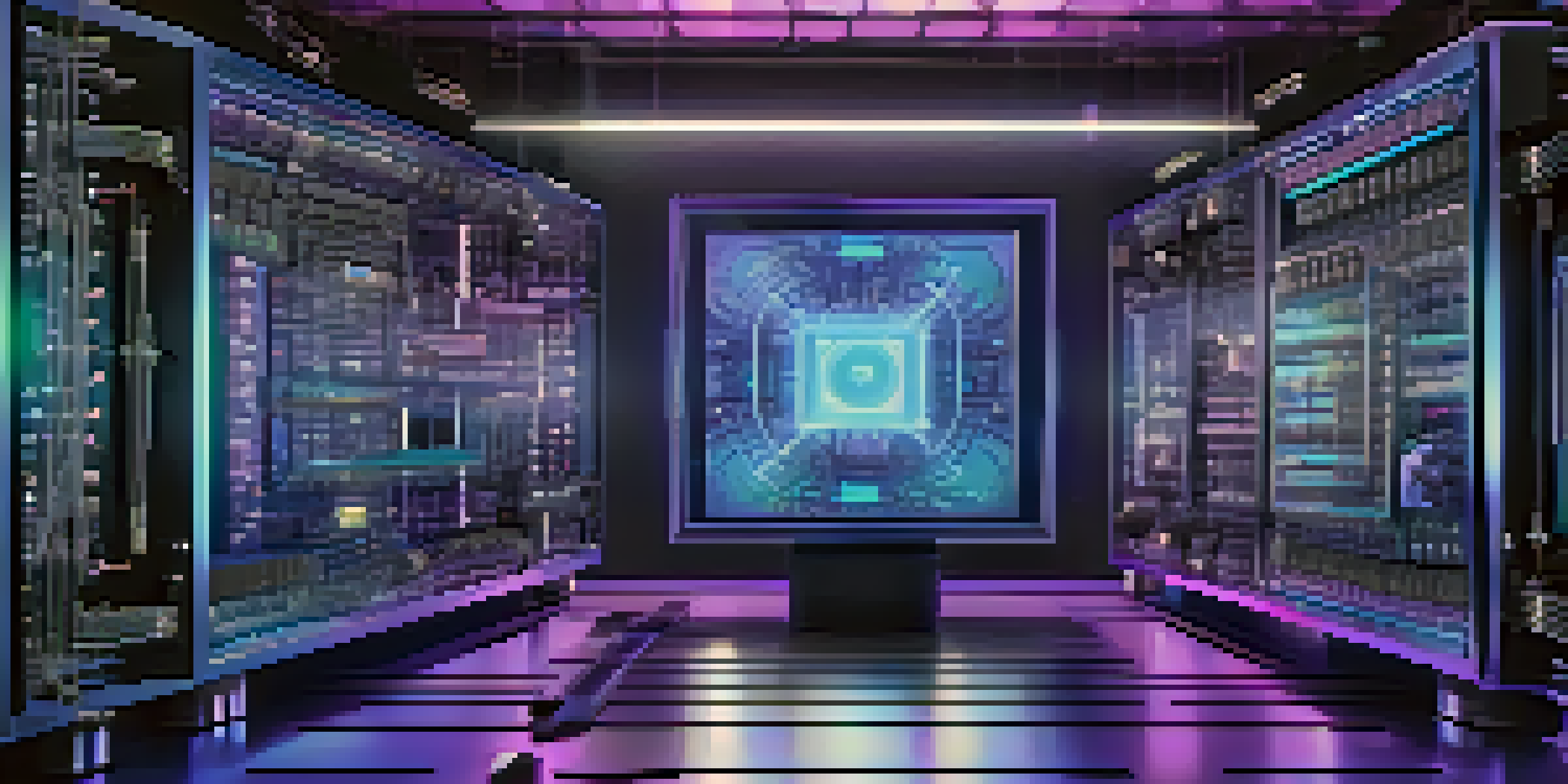 An illustration of a quantum computer with glowing circuits and qubits in a futuristic laboratory setting.