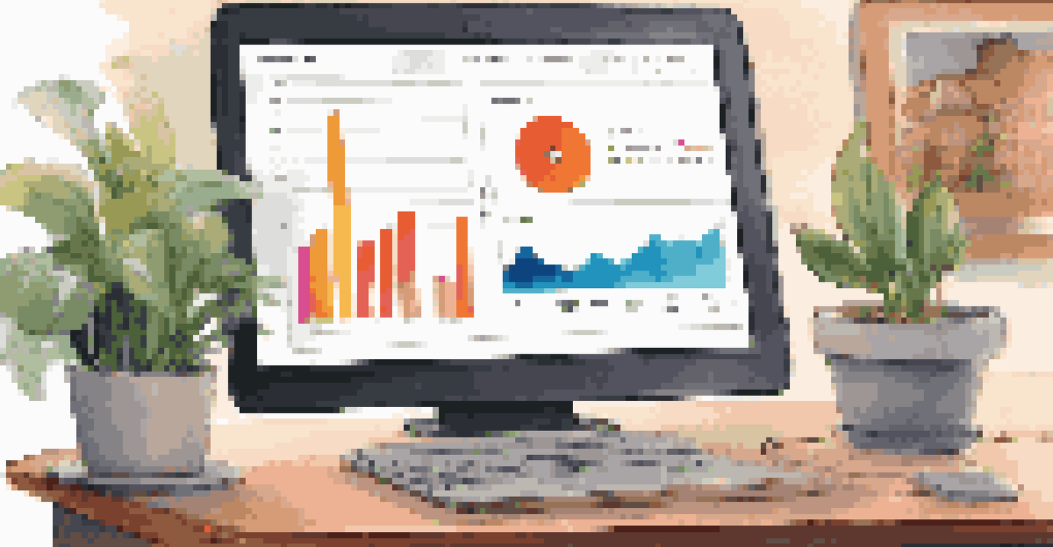 A laptop showing an interactive dashboard with colorful graphs in a cozy home office filled with houseplants.