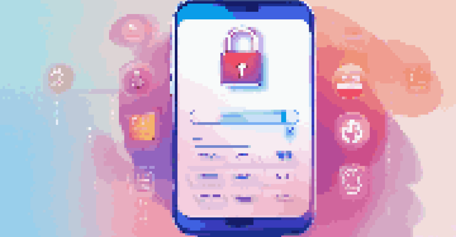 A smartphone screen with a digital lock symbol representing secure payment processes, set against a blue gradient background.