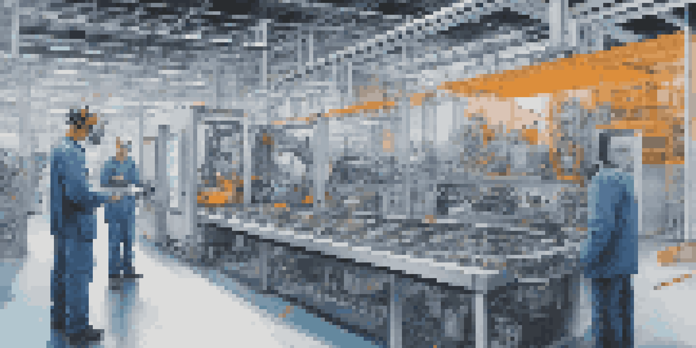 A technician using augmented reality glasses in a modern manufacturing facility, inspecting machinery with data overlays.