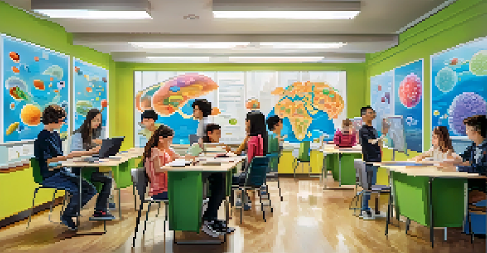 A vibrant classroom with students using augmented reality to interact with a 3D model of a cell, showcasing a dynamic learning environment.