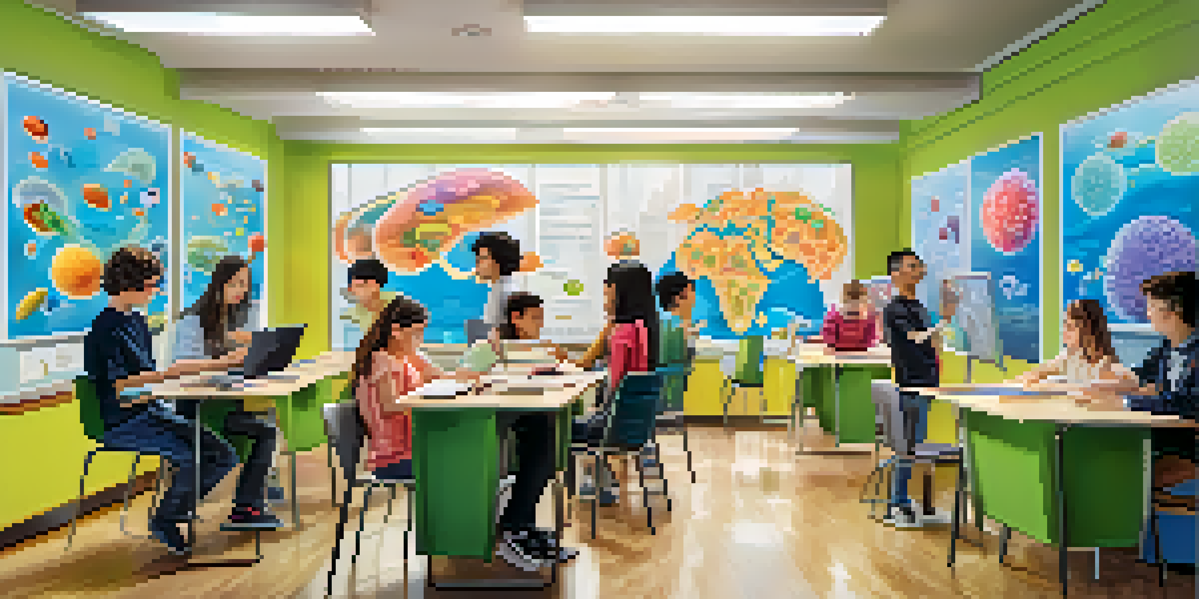 A vibrant classroom with students using augmented reality to interact with a 3D model of a cell, showcasing a dynamic learning environment.