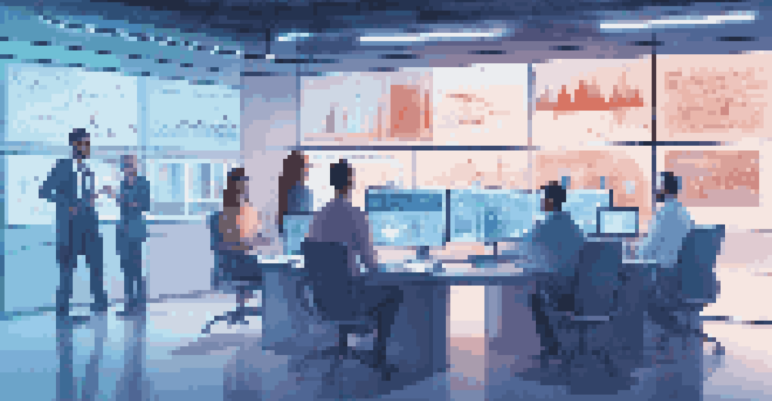 A modern office with professionals analyzing user behavior data on multiple screens, emphasizing teamwork and technology.