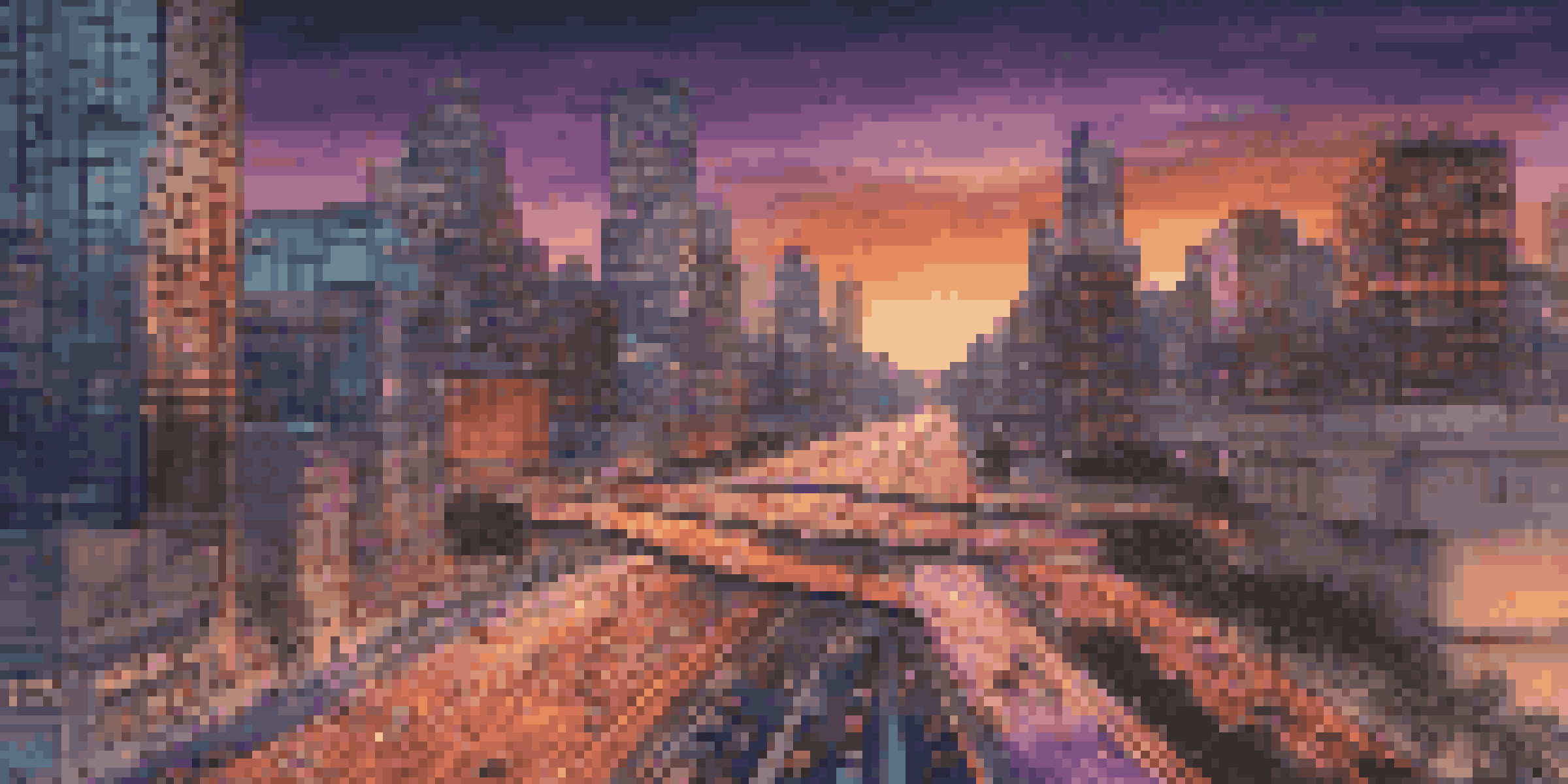 A digital rendering of a cityscape at dusk with visible traffic flows and digital twin models superimposed on real vehicles, illuminated by street lamps.
