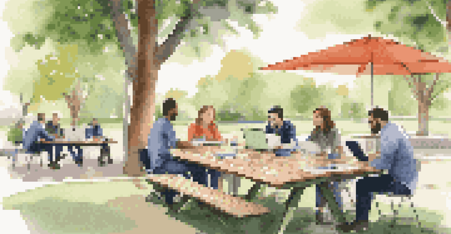 A marketing team meeting outdoors at a picnic table, discussing strategies with laptops and marketing materials amidst greenery.