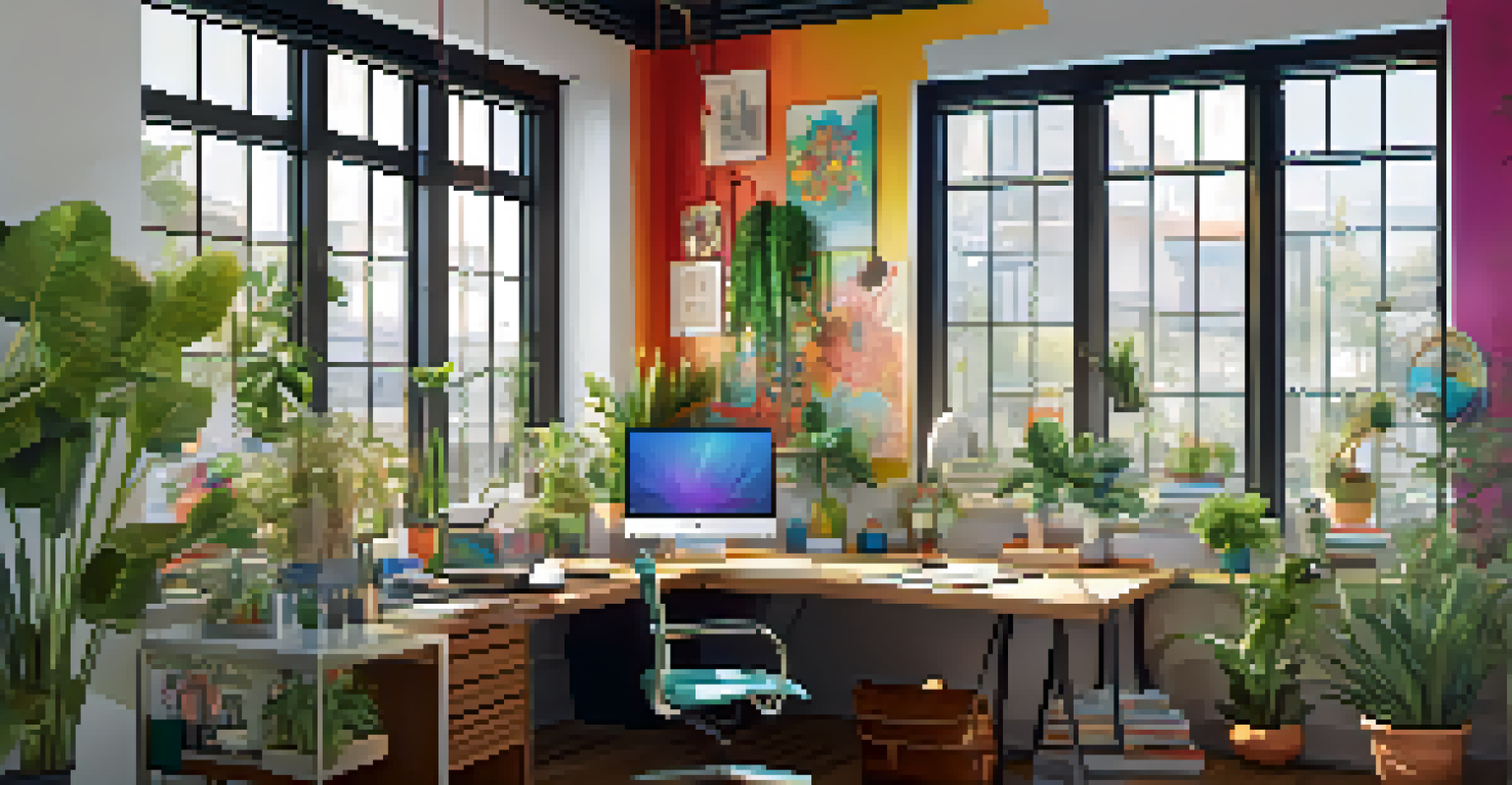 A multicultural office workspace with a modern desk, colorful decorations, and plants, filled with natural light.