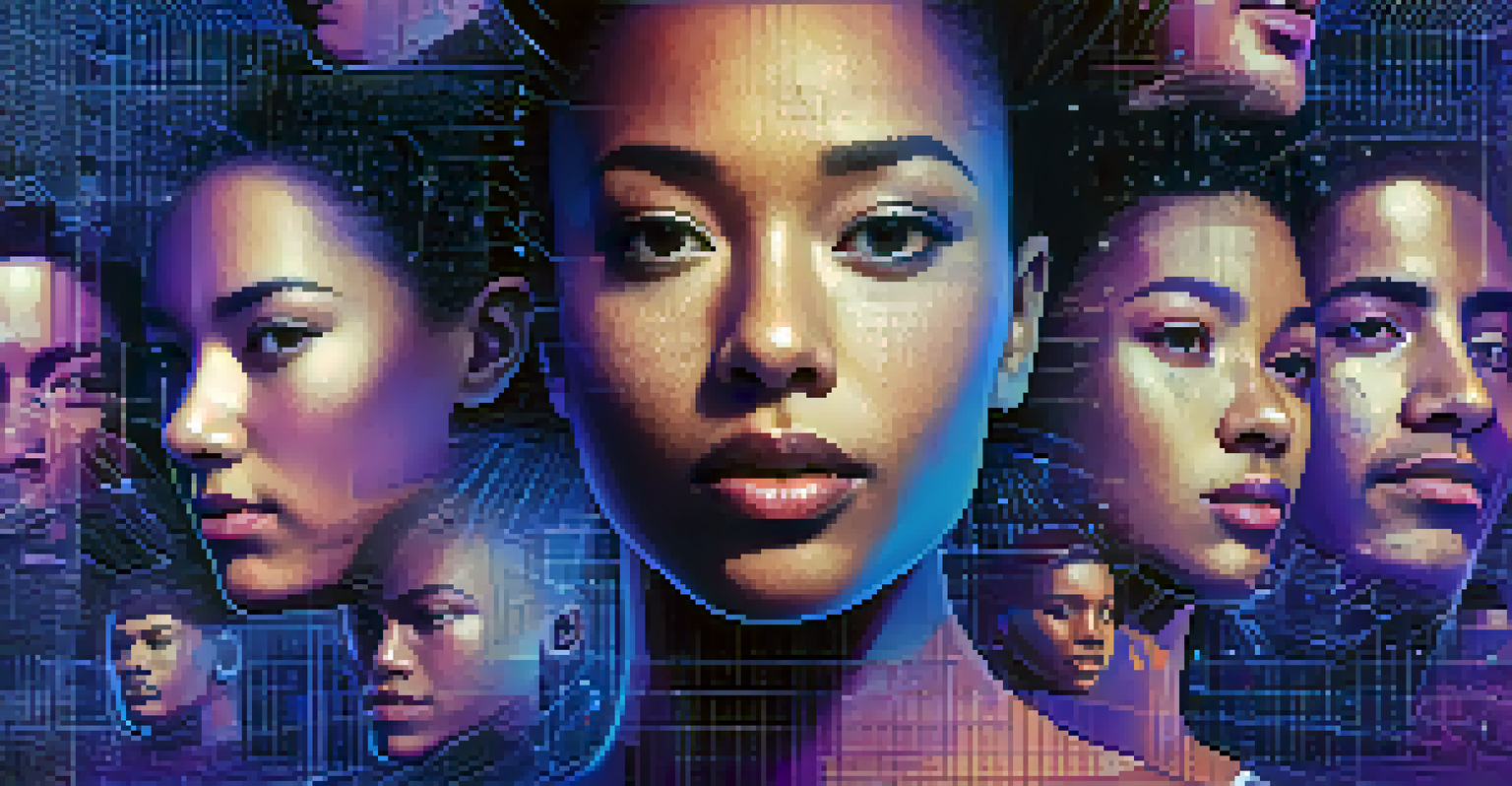 Diverse human faces with digital biometric icons in a technological background.