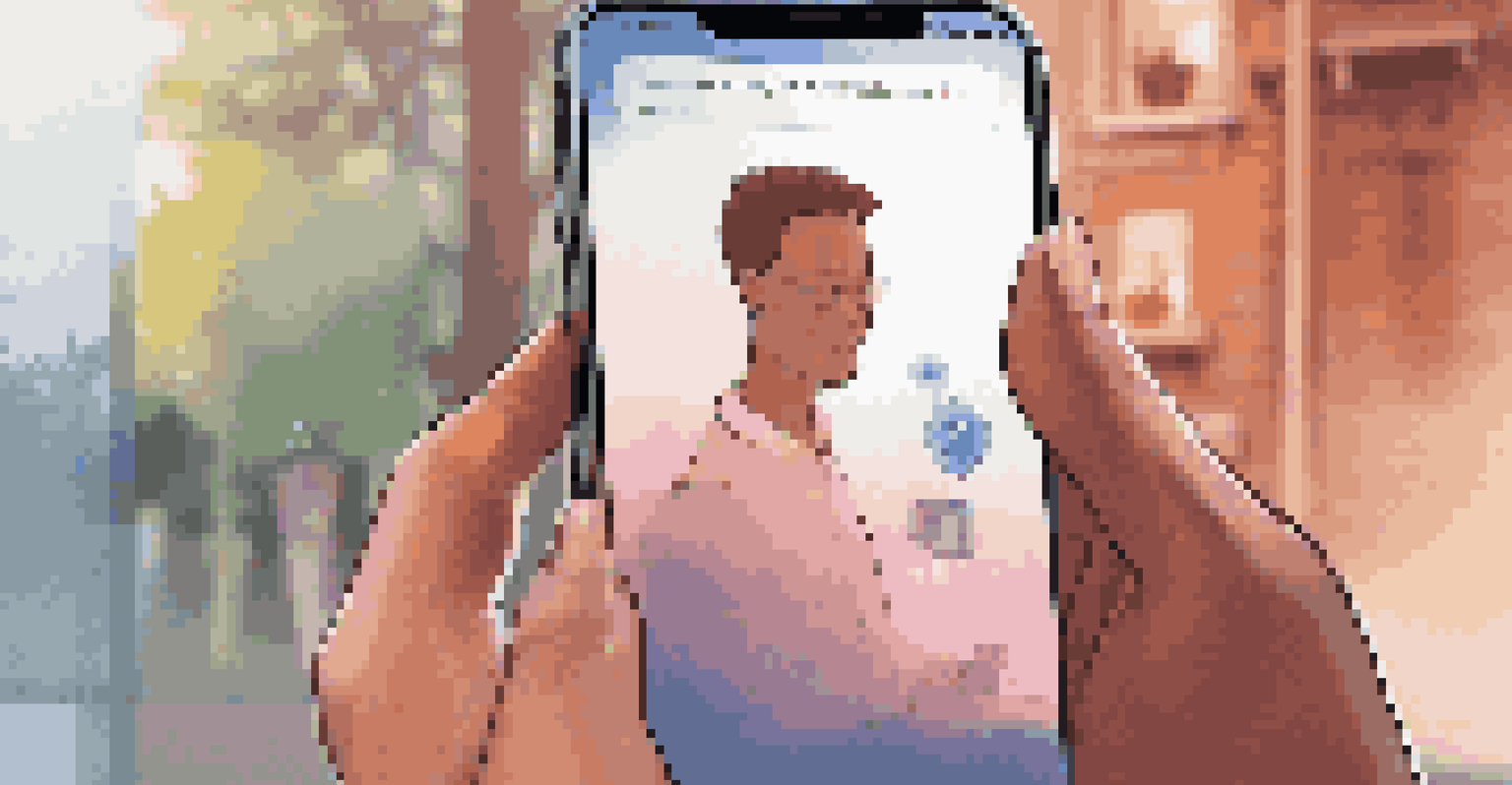 A close-up of a user engaging with a smartphone showing a friendly AI interface, with a soft glow on their face.