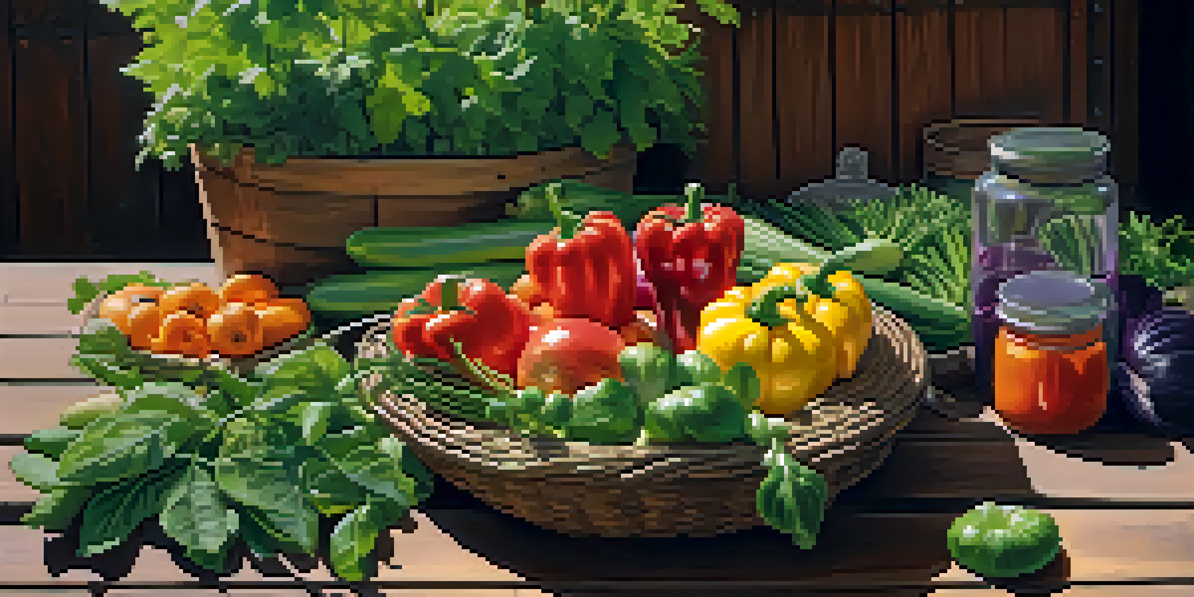 A portable container filled with colorful vegetables and herbs on a rustic wooden table, with sunlight filtering through tree leaves in a lush garden.