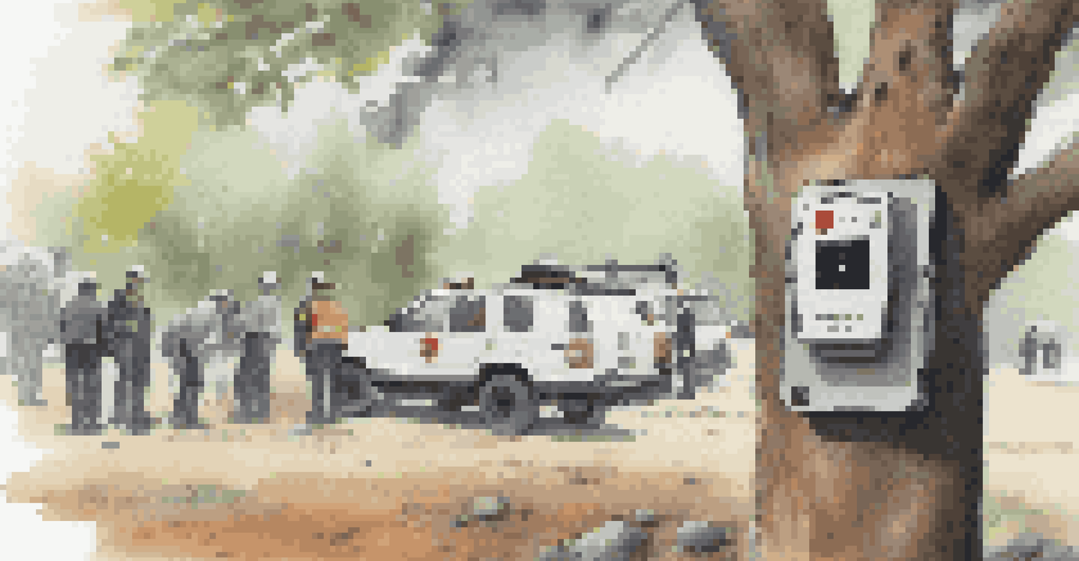 A close-up of a modern smart sensor on a tree, with emergency responders in the background preparing for a disaster response.