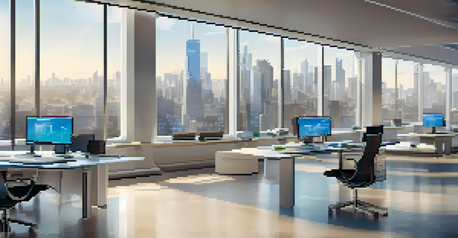 A futuristic office designed for data analysis with a city skyline view, sleek furniture, and digital devices displaying real-time data dashboards.