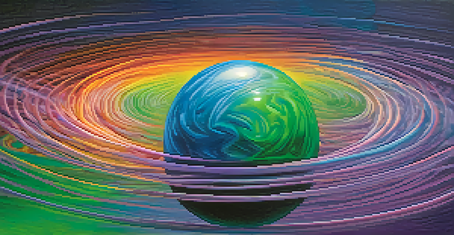 An abstract depiction of a qubit in superposition, illustrated as a sphere surrounded by colorful swirls.